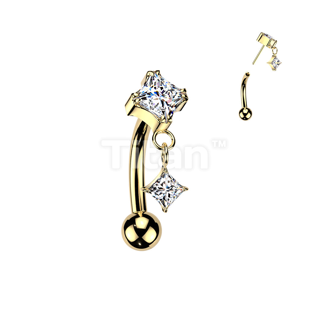 Titanium Threadless Push In Eyebrow Curved Barbell With Prong Set Diamond CZ Top and Diamond CZ Dangle - Image 3