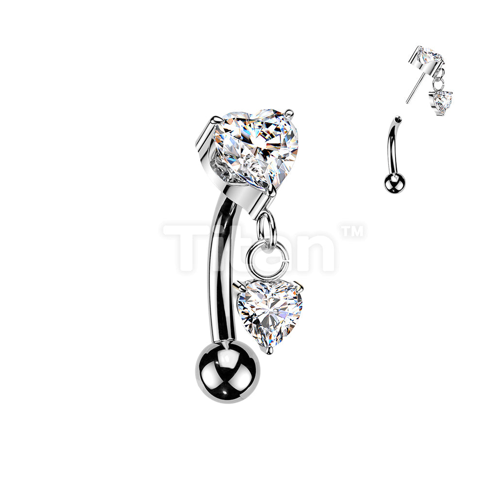 Titanium Threadless Push In Eyebrow Curved Barbell With Prong Set Heart CZ Top and Heart CZ Dangle - Image 2
