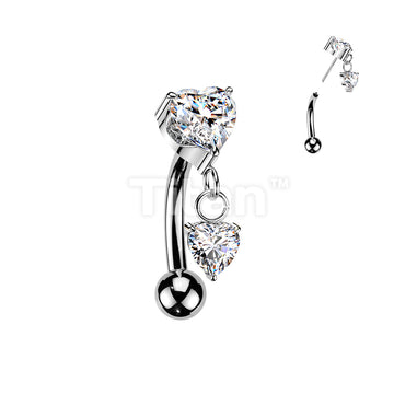 Titanium Threadless Push In Eyebrow Curved Barbell With Prong Set Heart CZ Top and Heart CZ Dangle - Image 2