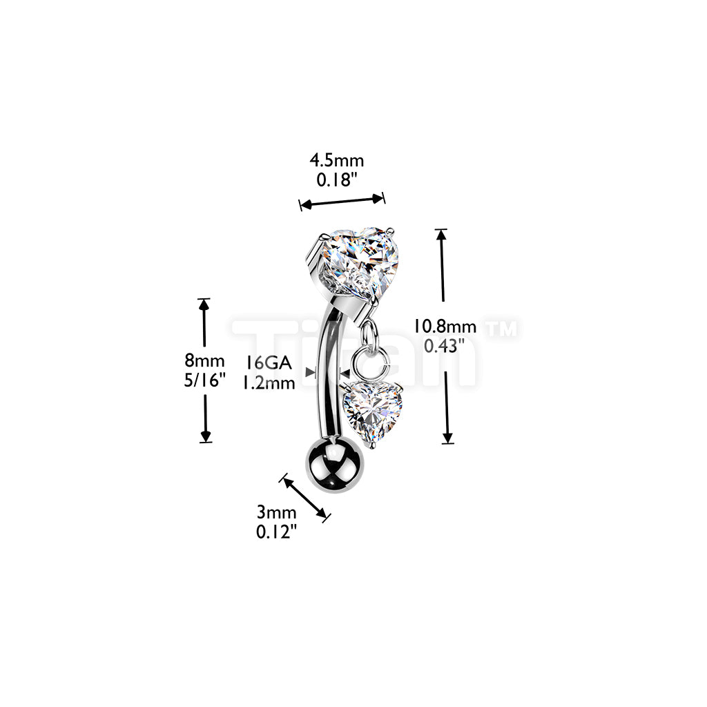 Titanium Threadless Push In Eyebrow Curved Barbell With Prong Set Heart CZ Top and Heart CZ Dangle - Image 4