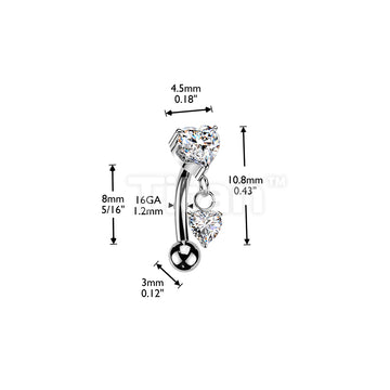 Titanium Threadless Push In Eyebrow Curved Barbell With Prong Set Heart CZ Top and Heart CZ Dangle - Image 4