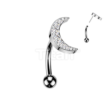 Titanium Threadless Push In Eyebrow Curved Barbell With 6 CNC Set CZ Crescent Moon Top - Image 2
