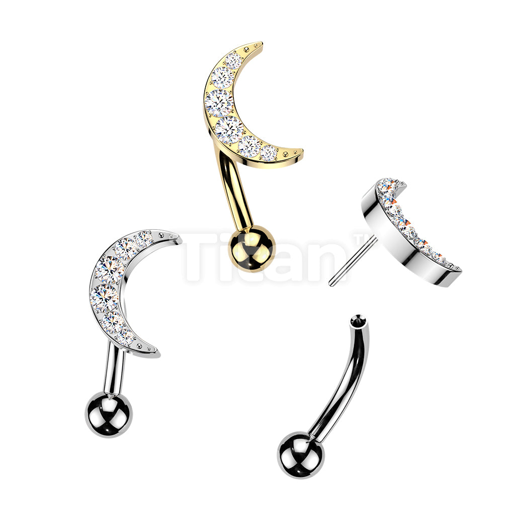 Titanium Threadless Push In Eyebrow Curved Barbell With 6 CNC Set CZ Crescent Moon Top
