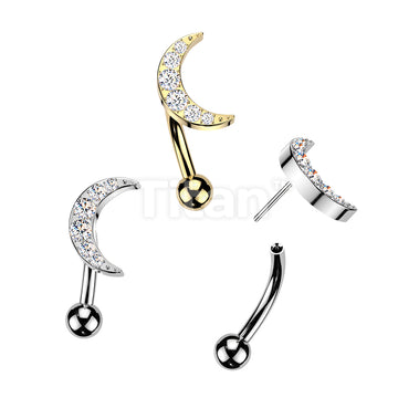 Titanium Threadless Push In Eyebrow Curved Barbell With 6 CNC Set CZ Crescent Moon Top