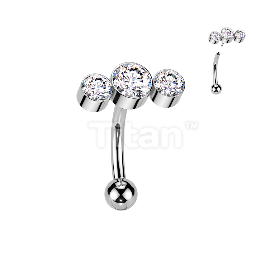 Implant Grade Titanium Threadless Push In Eyebrow Curved Barbell With 3 Round Bezel Set CZ or Opal Curve Top - Image 2