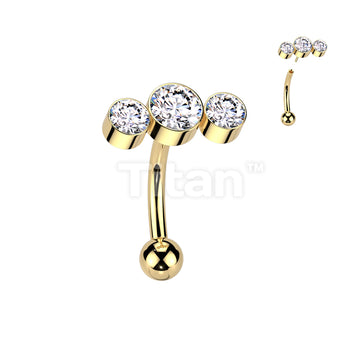 Implant Grade Titanium Threadless Push In Eyebrow Curved Barbell With 3 Round Bezel Set CZ or Opal Curve Top - Image 3