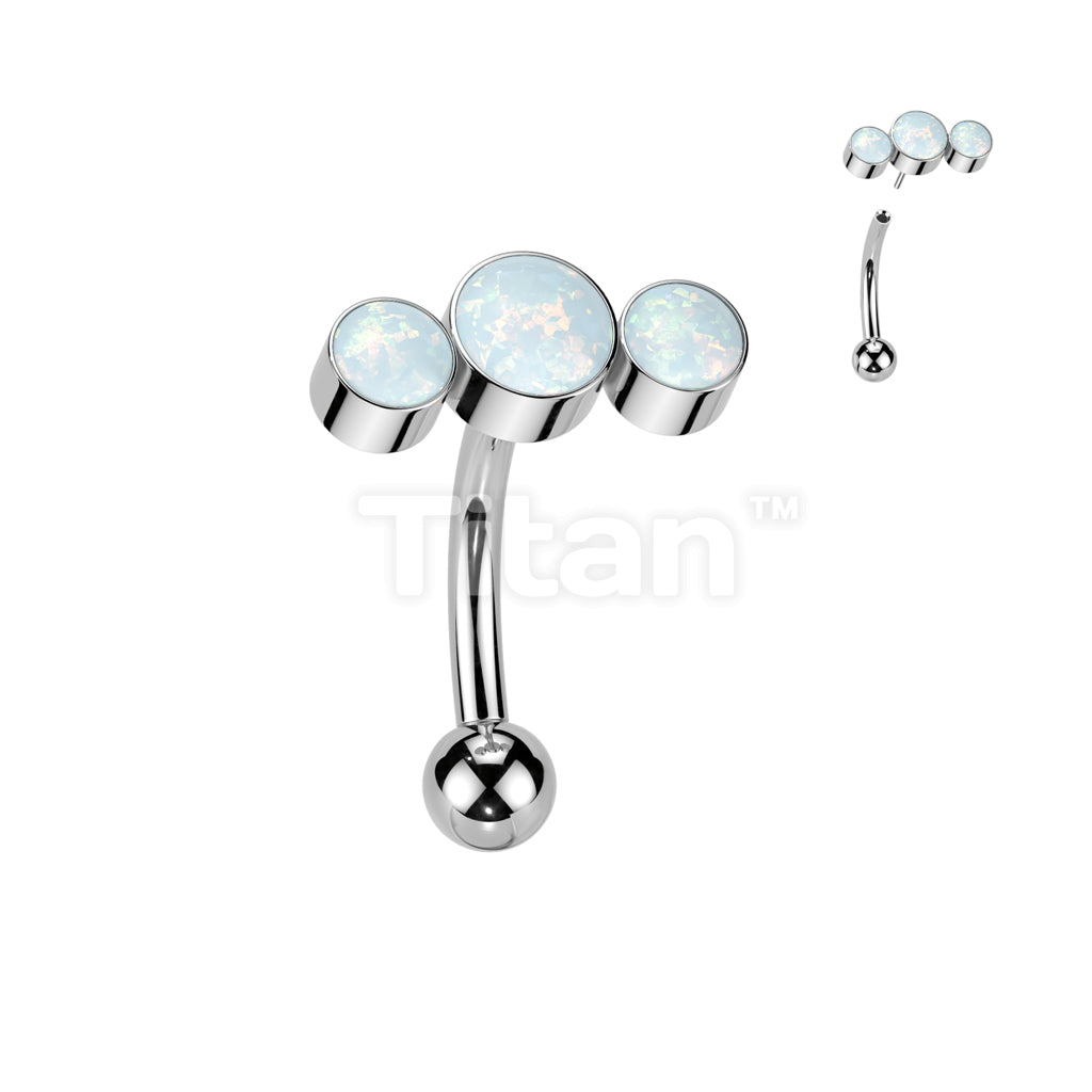 Implant Grade Titanium Threadless Push In Eyebrow Curved Barbell With 3 Round Bezel Set CZ or Opal Curve Top - Image 5