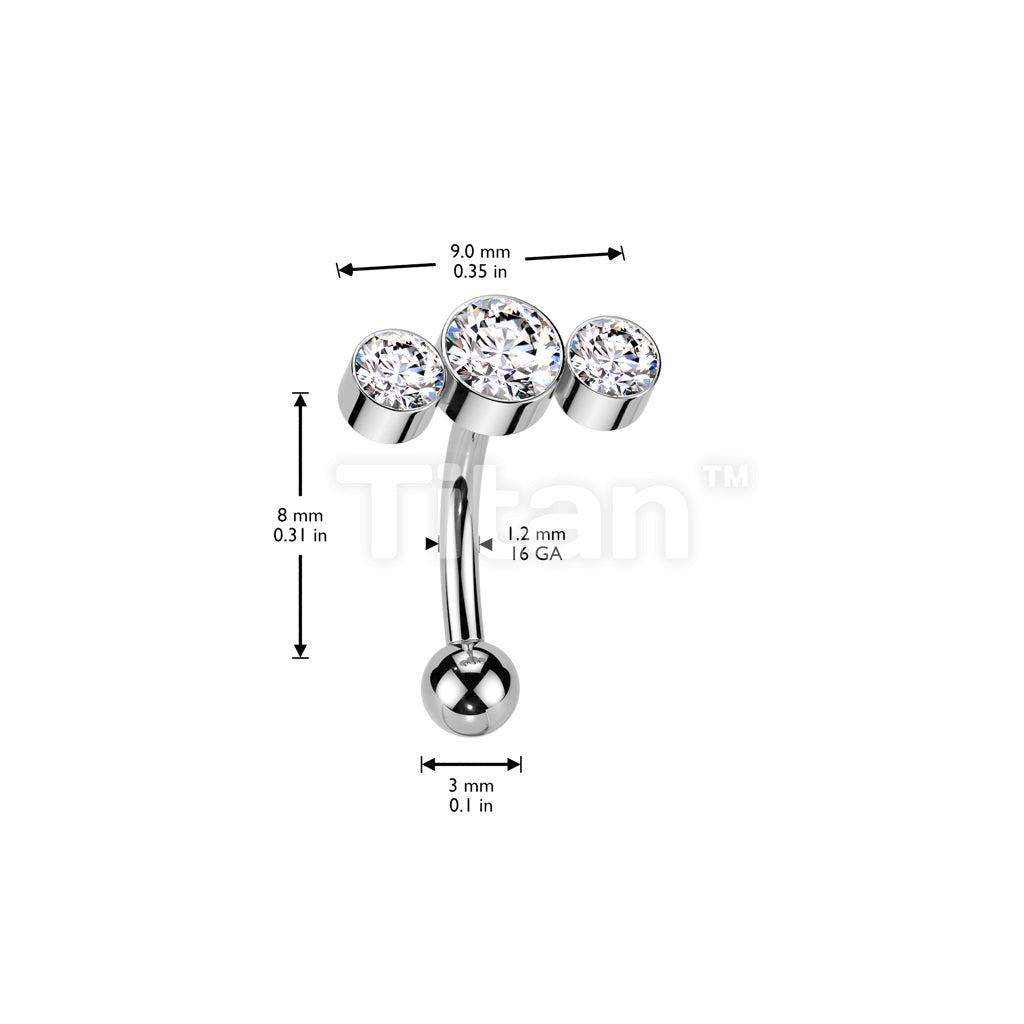 Implant Grade Titanium Threadless Push In Eyebrow Curved Barbell With 3 Round Bezel Set CZ or Opal Curve Top - Image 4