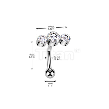 Implant Grade Titanium Threadless Push In Eyebrow Curved Barbell With 3 Round Bezel Set CZ or Opal Curve Top - Image 4