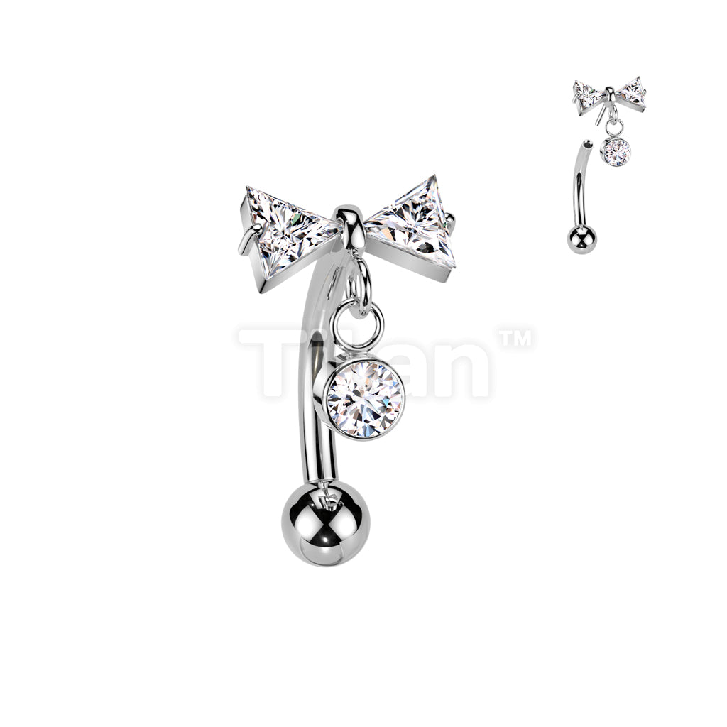 Implant Grade Titanium Threadless Push In Eyebrow Curved Barbell With CZ Bowtie And Bezel Set CZ Dangle Top - Image 2