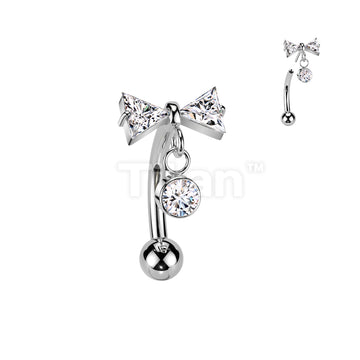 Implant Grade Titanium Threadless Push In Eyebrow Curved Barbell With CZ Bowtie And Bezel Set CZ Dangle Top - Image 2