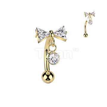 Implant Grade Titanium Threadless Push In Eyebrow Curved Barbell With CZ Bowtie And Bezel Set CZ Dangle Top - Image 3