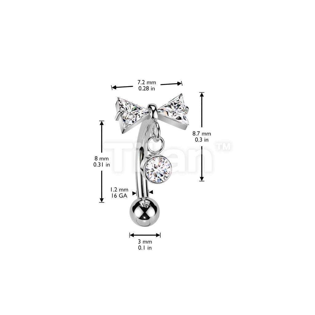 Implant Grade Titanium Threadless Push In Eyebrow Curved Barbell With CZ Bowtie And Bezel Set CZ Dangle Top - Image 4