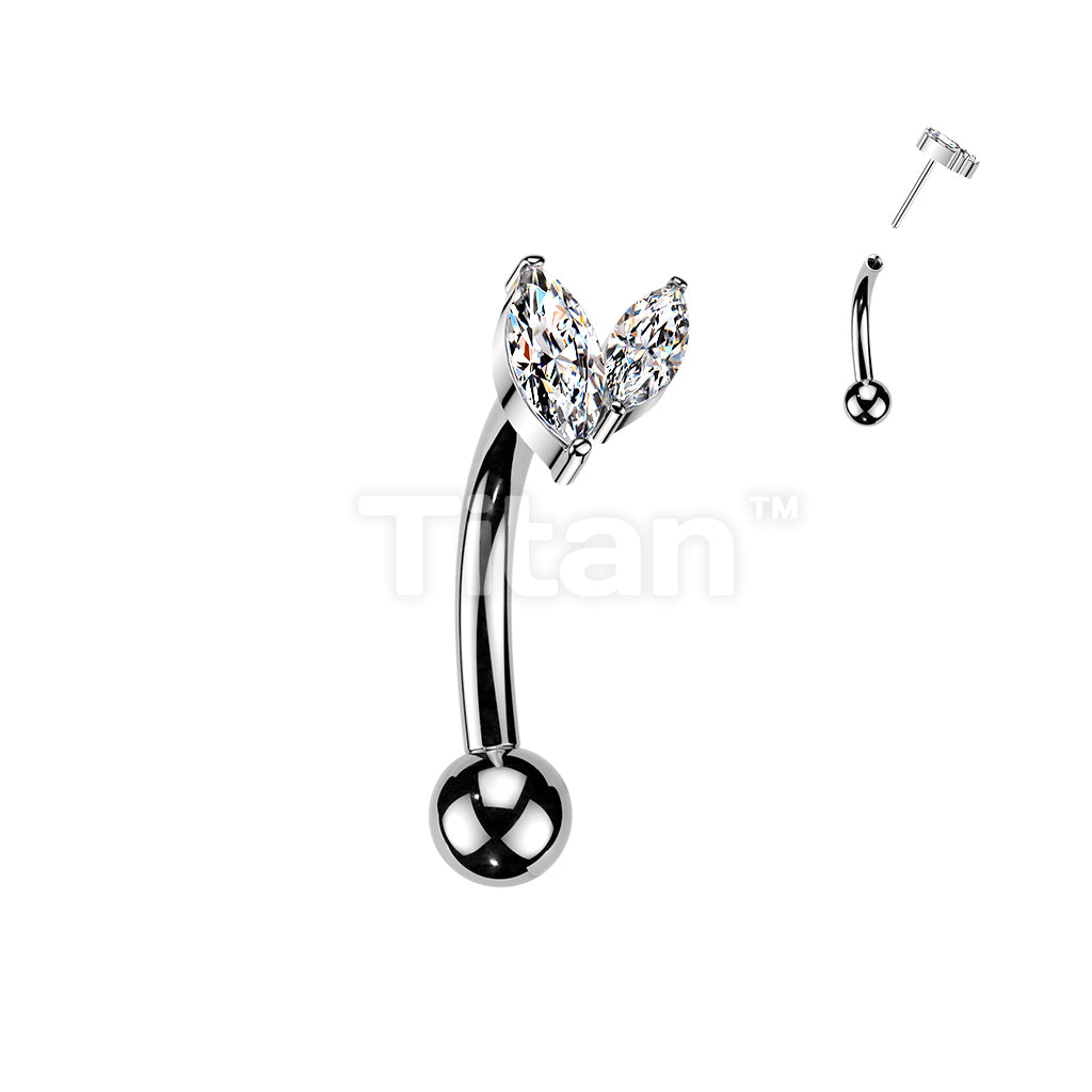 Titanium Threadless Push In Eyebrow Curved Barbell With Double Marquise CZ Top - Image 2