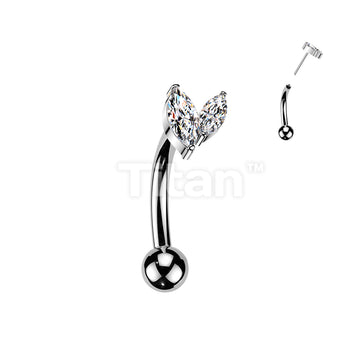 Titanium Threadless Push In Eyebrow Curved Barbell With Double Marquise CZ Top - Image 2