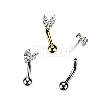 Titanium Threadless Push In Eyebrow Curved Barbell With Double Marquise CZ Top