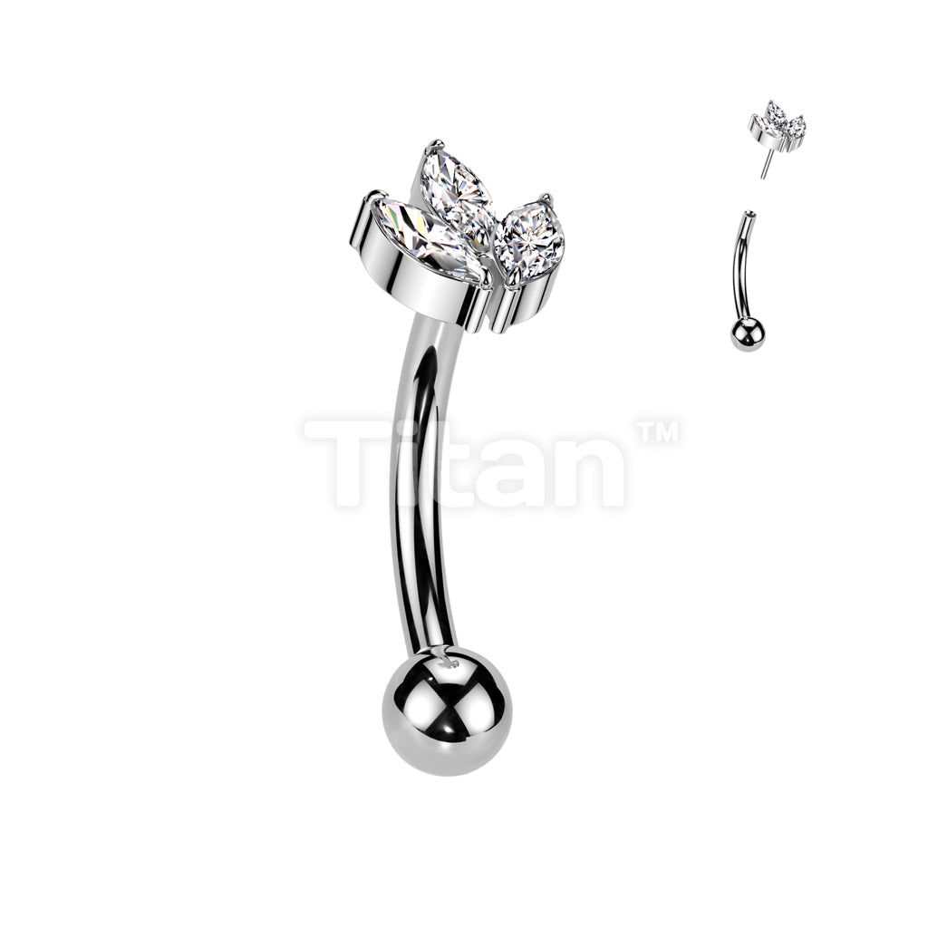 Implant Grade Titanium Threadless Push In Eyebrow Curved Barbell With 3 Marquise CZ Leaf Top - Image 2