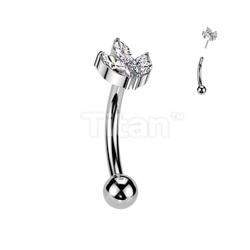 Implant Grade Titanium Threadless Push In Eyebrow Curved Barbell With 3 Marquise CZ Leaf Top - Image 2