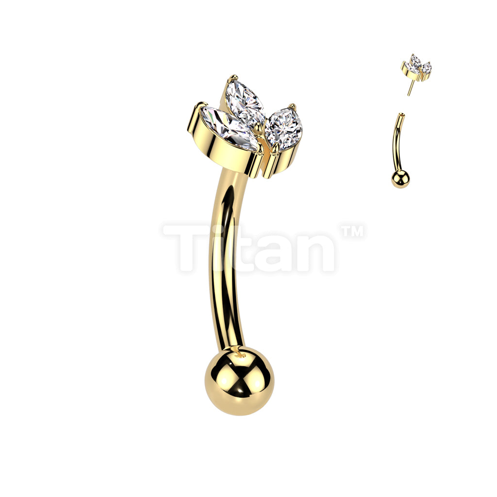 Implant Grade Titanium Threadless Push In Eyebrow Curved Barbell With 3 Marquise CZ Leaf Top - Image 3