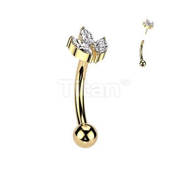 Implant Grade Titanium Threadless Push In Eyebrow Curved Barbell With 3 Marquise CZ Leaf Top - Image 3