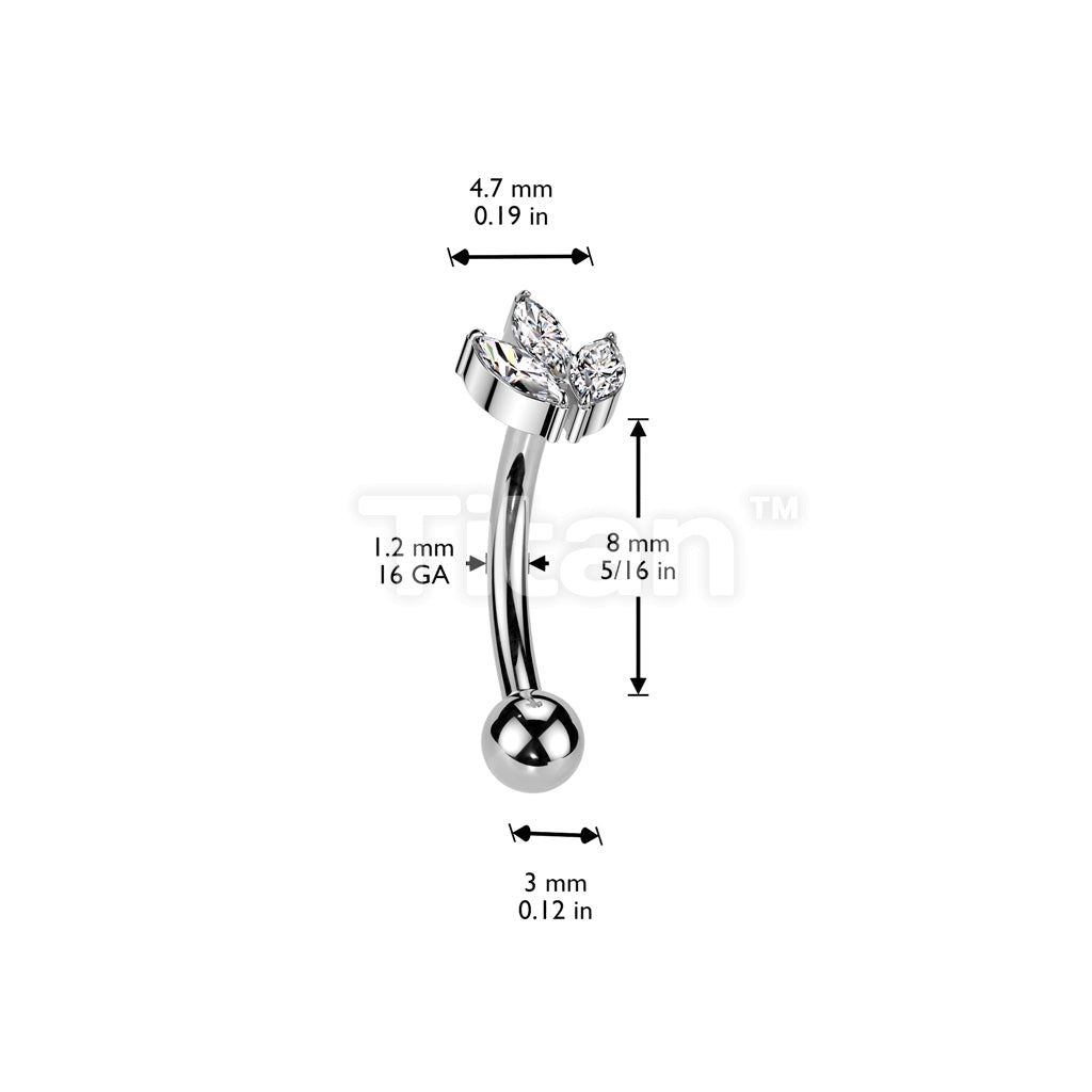 Implant Grade Titanium Threadless Push In Eyebrow Curved Barbell With 3 Marquise CZ Leaf Top - Image 4