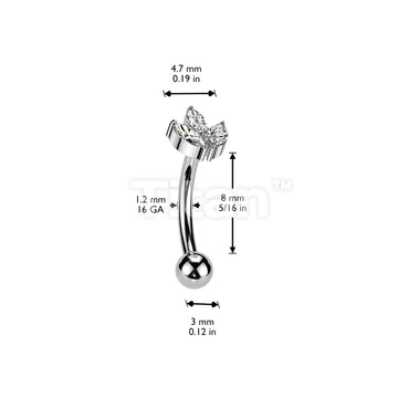 Implant Grade Titanium Threadless Push In Eyebrow Curved Barbell With 3 Marquise CZ Leaf Top - Image 4