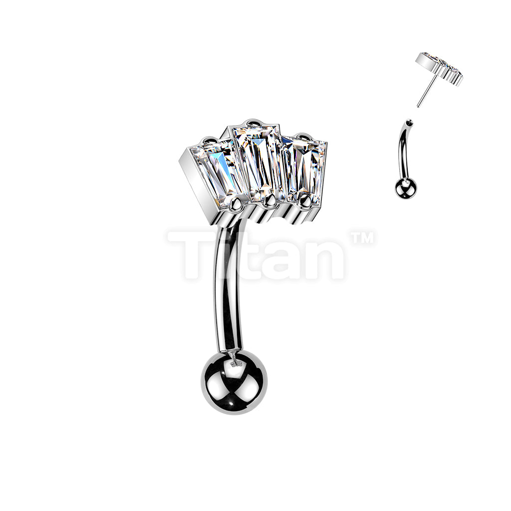 Titanium Threadless Push In Eyebrow Curved Barbell With 3 Baguette CZ Top - Image 2