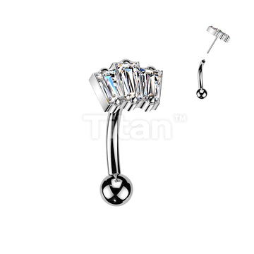 Titanium Threadless Push In Eyebrow Curved Barbell With 3 Baguette CZ Top - Image 2