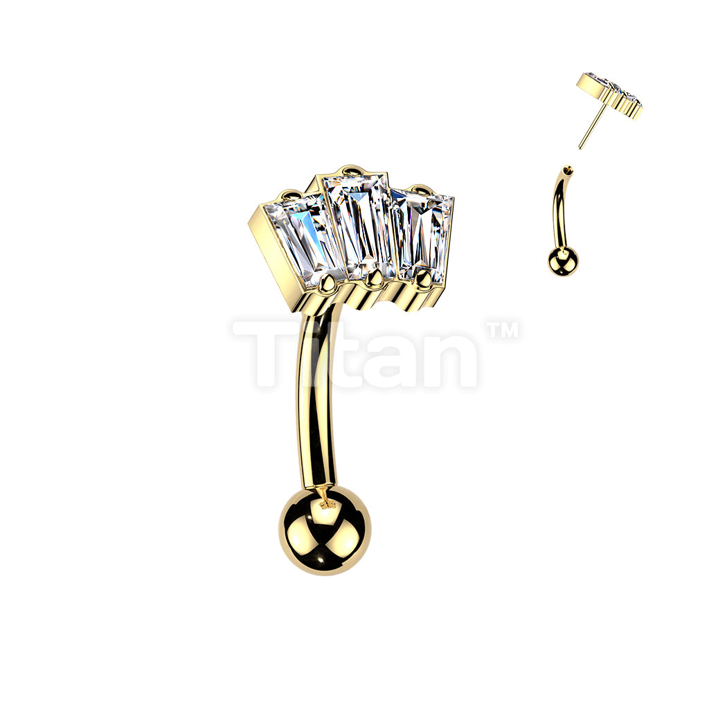 Titanium Threadless Push In Eyebrow Curved Barbell With 3 Baguette CZ Top - Image 3