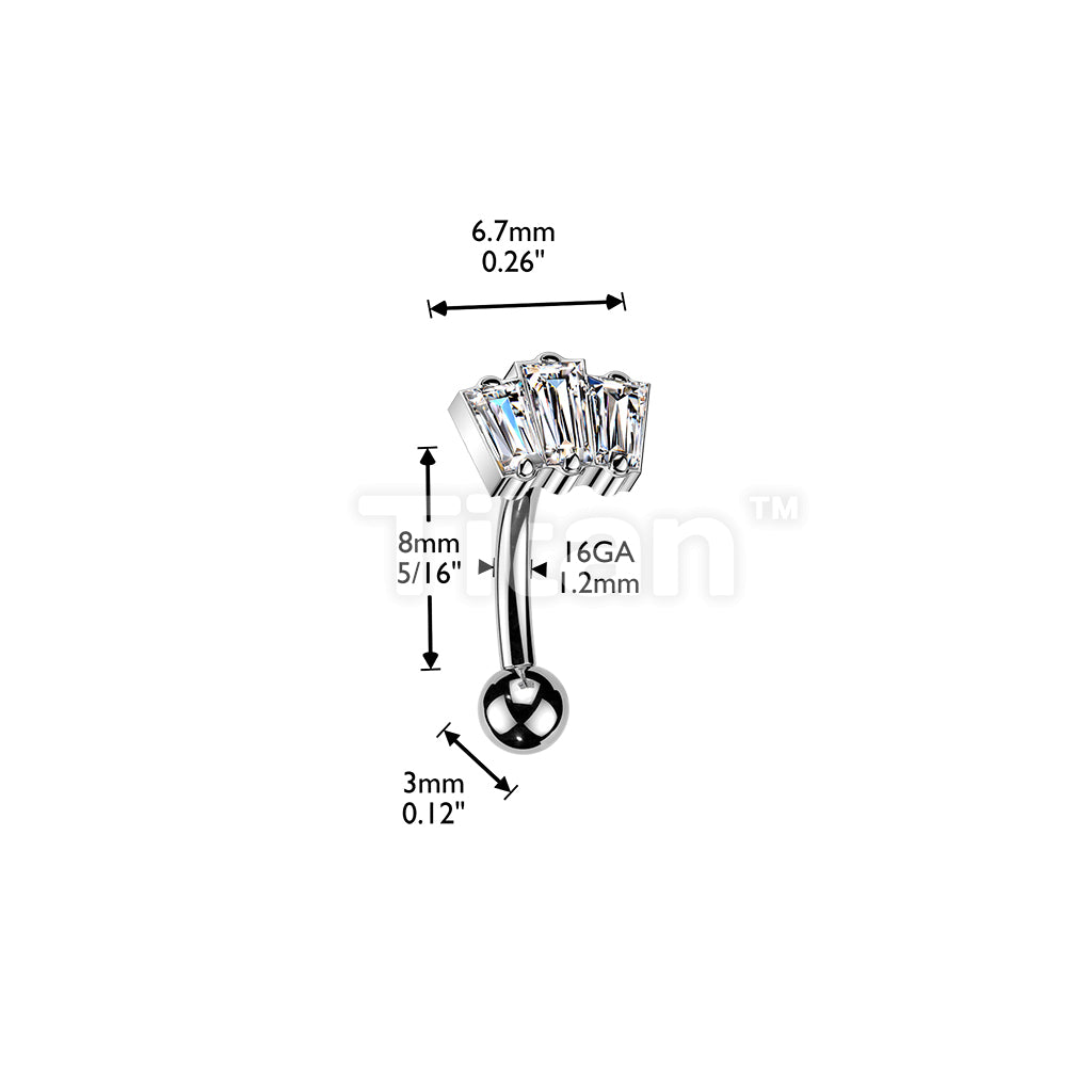 Titanium Threadless Push In Eyebrow Curved Barbell With 3 Baguette CZ Top - Image 4