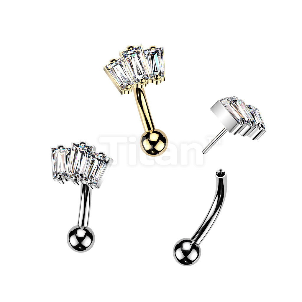 Titanium Threadless Push In Eyebrow Curved Barbell With 3 Baguette CZ Top