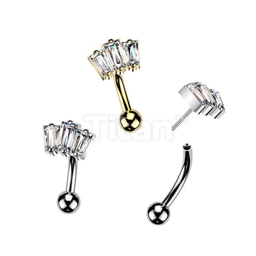 Titanium Threadless Push In Eyebrow Curved Barbell With 3 Baguette CZ Top