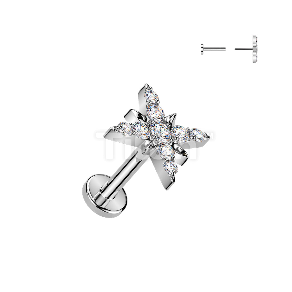 Titanium Threadless Push In Flat Back Earring Stud With CZ Pave Starburst Top - Image 2