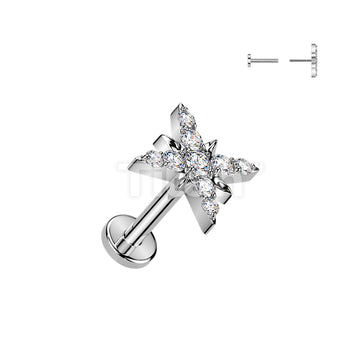 Titanium Threadless Push In Flat Back Earring Stud With CZ Pave Starburst Top - Image 2