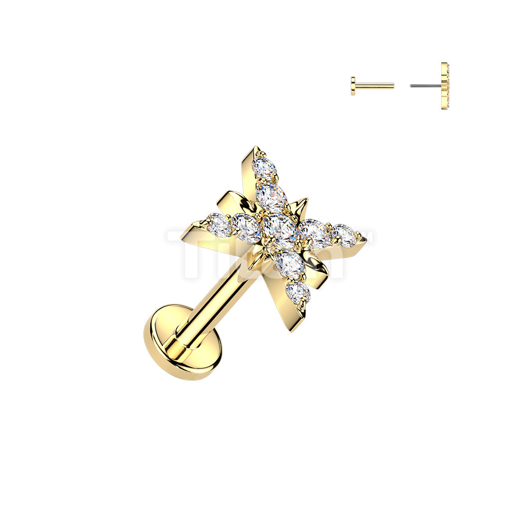Titanium Threadless Push In Flat Back Earring Stud With CZ Pave Starburst Top - Image 3