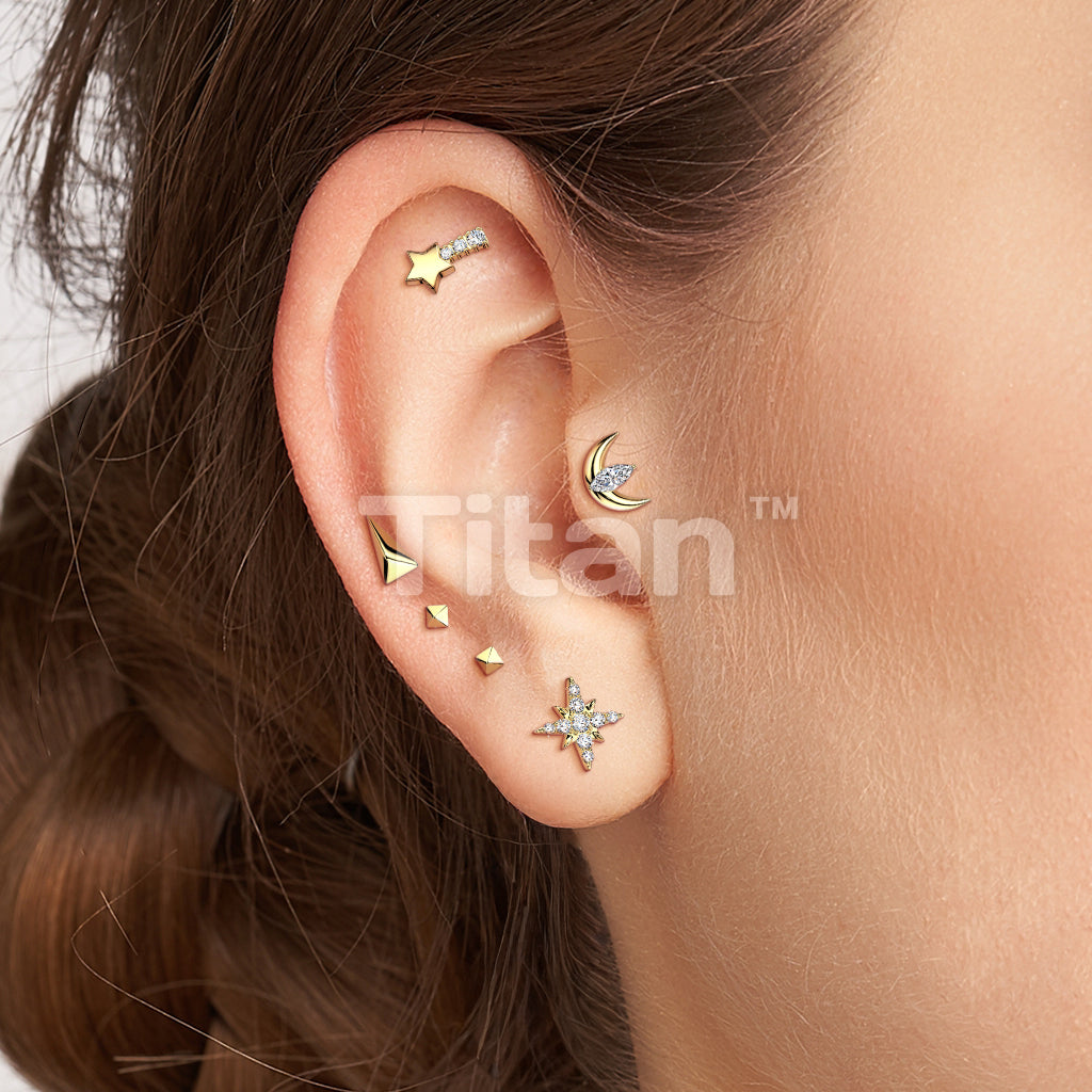 Titanium Threadless Push In Flat Back Earring Stud With CZ Pave Starburst Top - Image 5