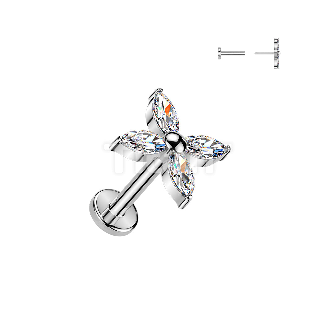 Titanium Threadless Push In Flat Back Earring Stud With Marquise CZ Flower Top - Image 2