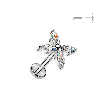 Titanium Threadless Push In Flat Back Earring Stud With Marquise CZ Flower Top - Image 2