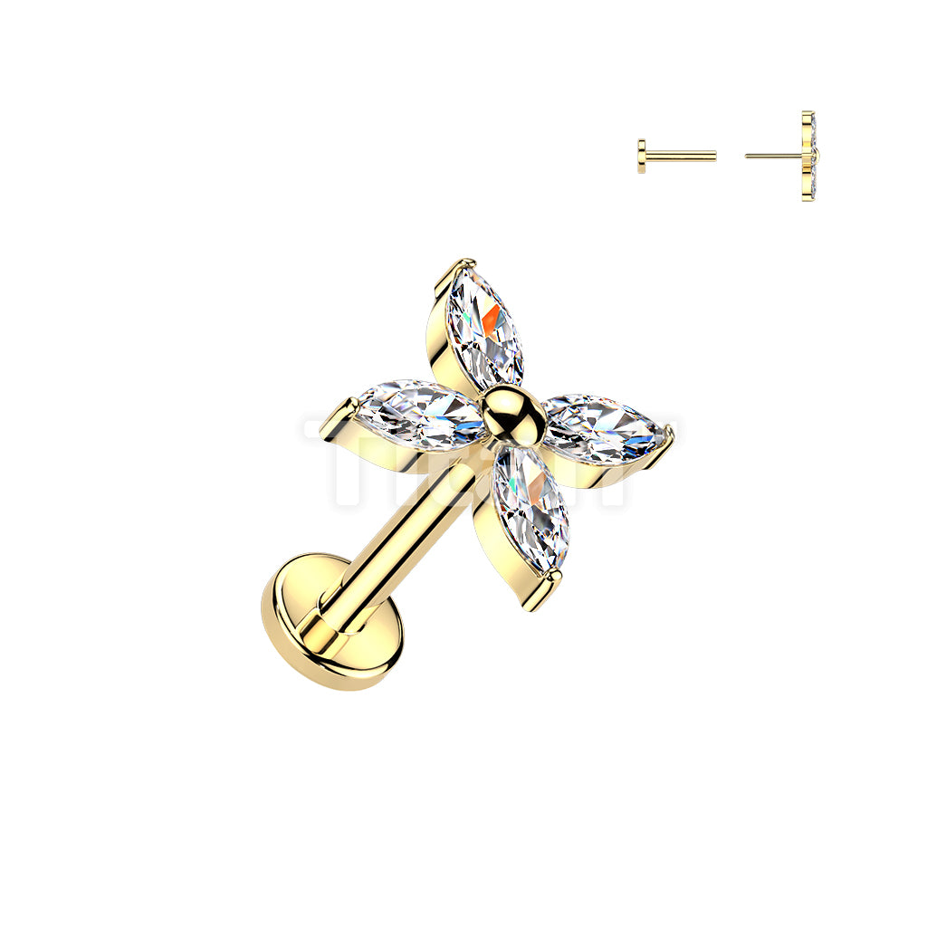 Titanium Threadless Push In Flat Back Earring Stud With Marquise CZ Flower Top - Image 3
