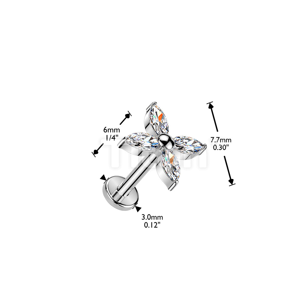 Titanium Threadless Push In Flat Back Earring Stud With Marquise CZ Flower Top - Image 4