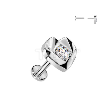 Titanium Threadless Push In Flat Back Earring Stud With Faceted Heart And CZ Center Top - Image 2