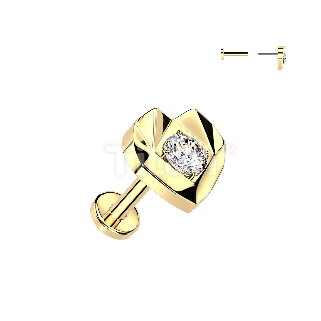 Titanium Threadless Push In Flat Back Earring Stud With Faceted Heart And CZ Center Top - Image 3