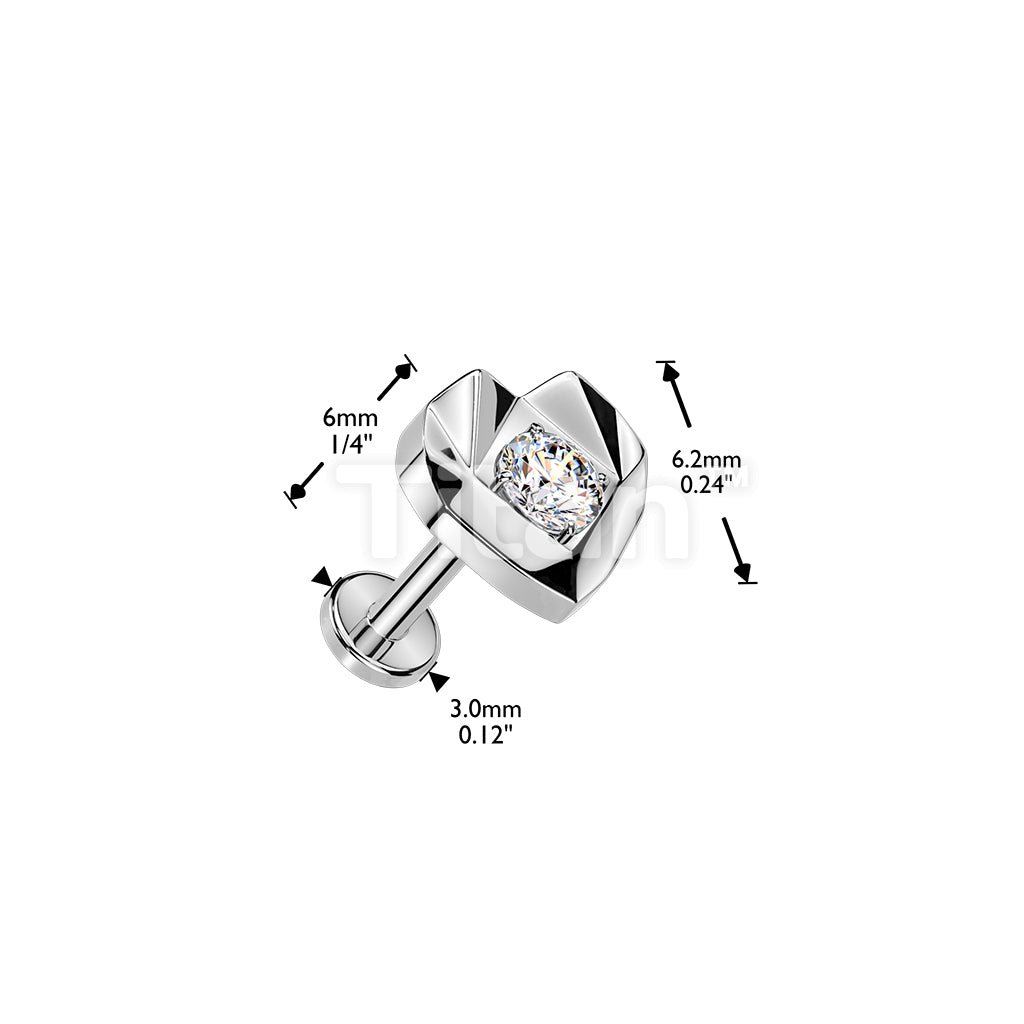 Titanium Threadless Push In Flat Back Earring Stud With Faceted Heart And CZ Center Top - Image 4
