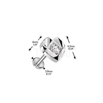 Titanium Threadless Push In Flat Back Earring Stud With Faceted Heart And CZ Center Top - Image 4