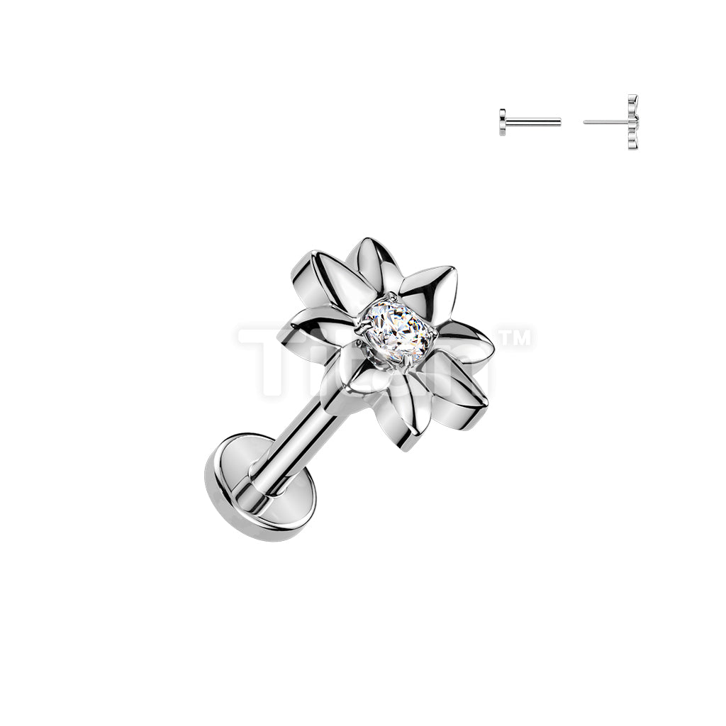 Titanium Threadless Push In Flat Back Earring Stud With CZ Center Flower Top - Image 2