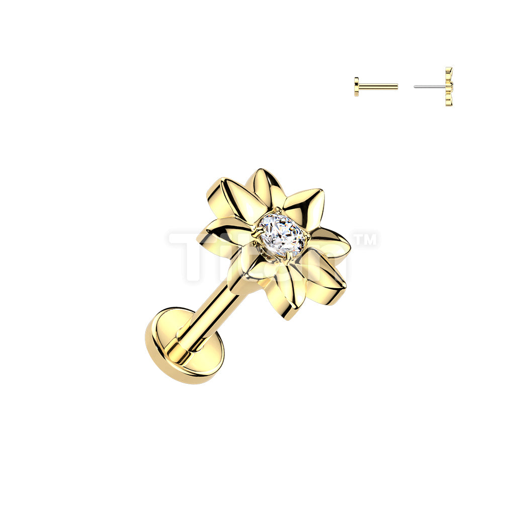 Titanium Threadless Push In Flat Back Earring Stud With CZ Center Flower Top - Image 3