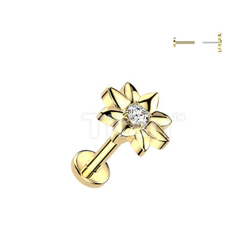 Titanium Threadless Push In Flat Back Earring Stud With CZ Center Flower Top - Image 3