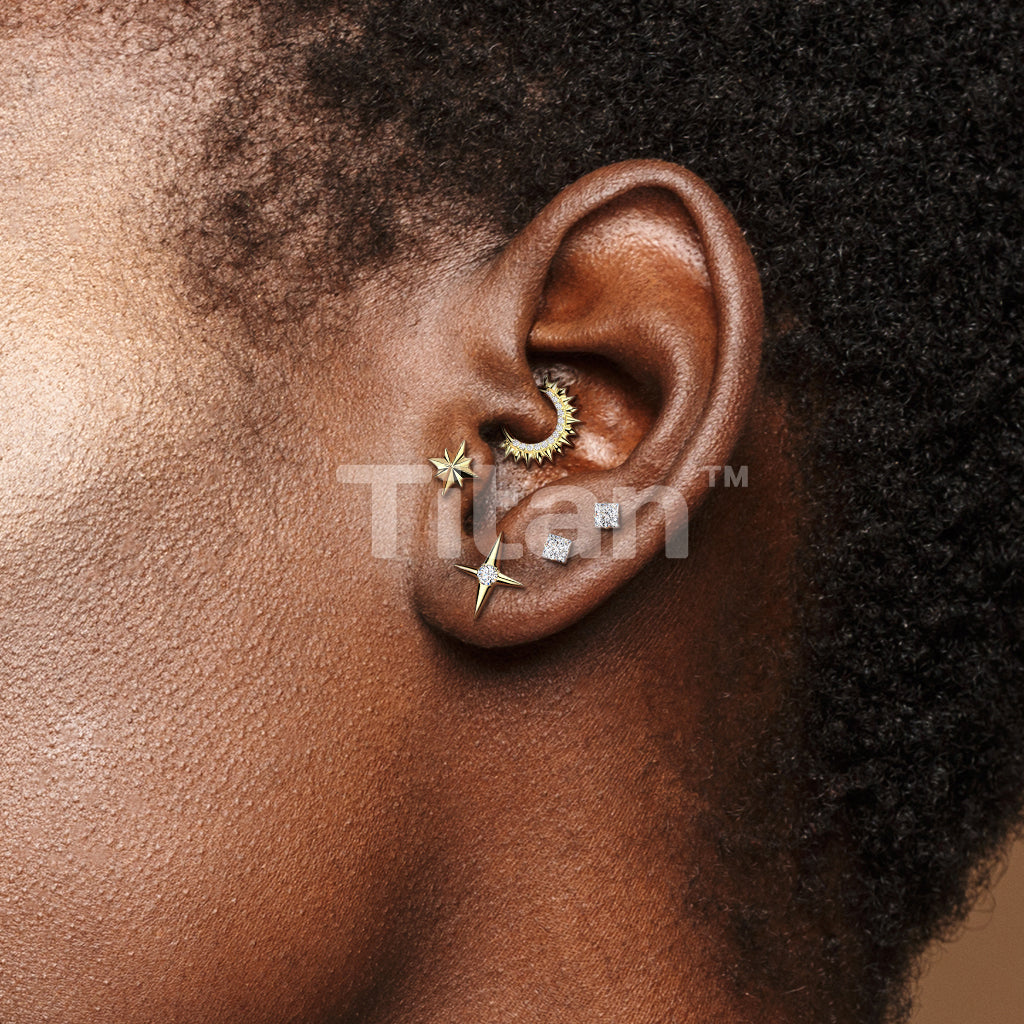 Titanium Threadless Push In Flat Back Earring Stud With Starburst Top - Image 5