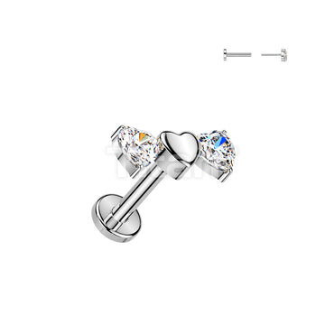 Titanium Threadless Push In Flat Back Earring Stud With Triple Heart Top And 2 CZ Heart  - Image 2