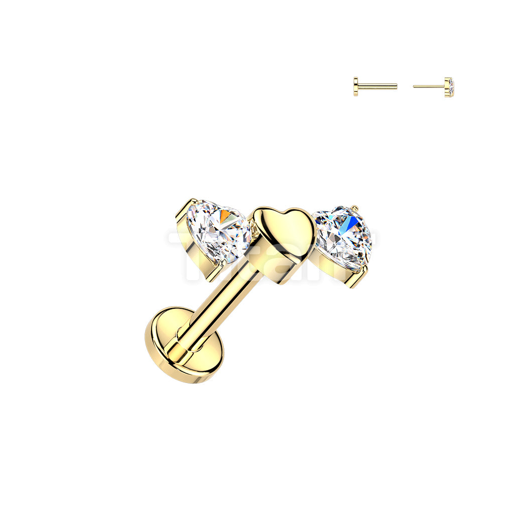 Titanium Threadless Push In Flat Back Earring Stud With Triple Heart Top And 2 CZ Heart  - Image 3